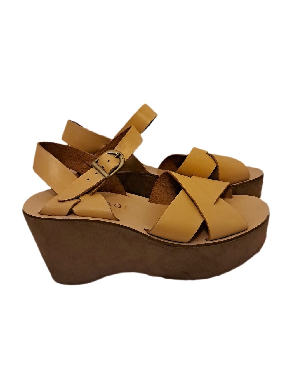Vintage Y2K Rampage Tan Platform Leather Sandals Size 7 Ankle Strap Open Toe